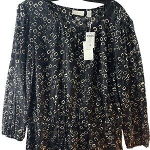 Chicos Black & White Semi-Sheer Geo Burnout Peasant Top Size 2 Polyester/Rayon B